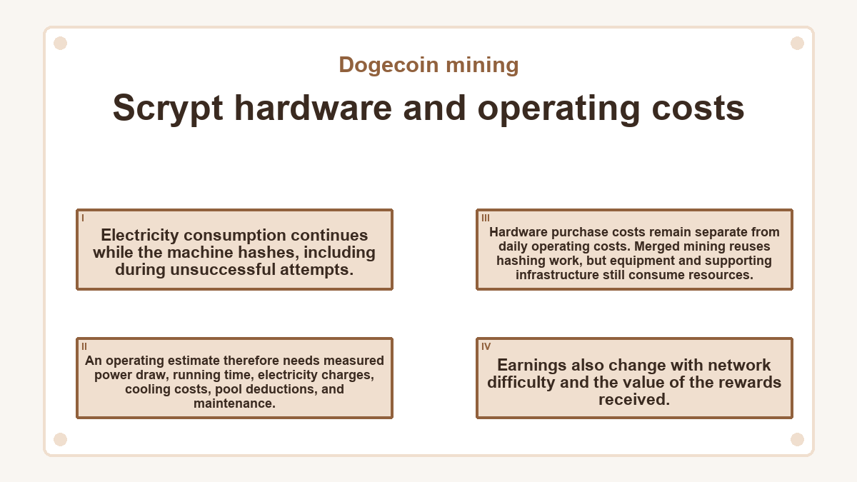 Scrypt hardware and operating costs: Electricity consumption continues while the machine hashes, including during unsuccessful attempts.; An operating estimate therefore needs measured power draw, running time, electricity charges, cooling costs, pool deductions, and maintenance.; Hardware purchase costs remain separate from daily operating costs. Merged mining reuses hashing work, but equipment and supporting infrastructure still consume resources.; Earnings also change with network difficulty and the value of the rewards received.