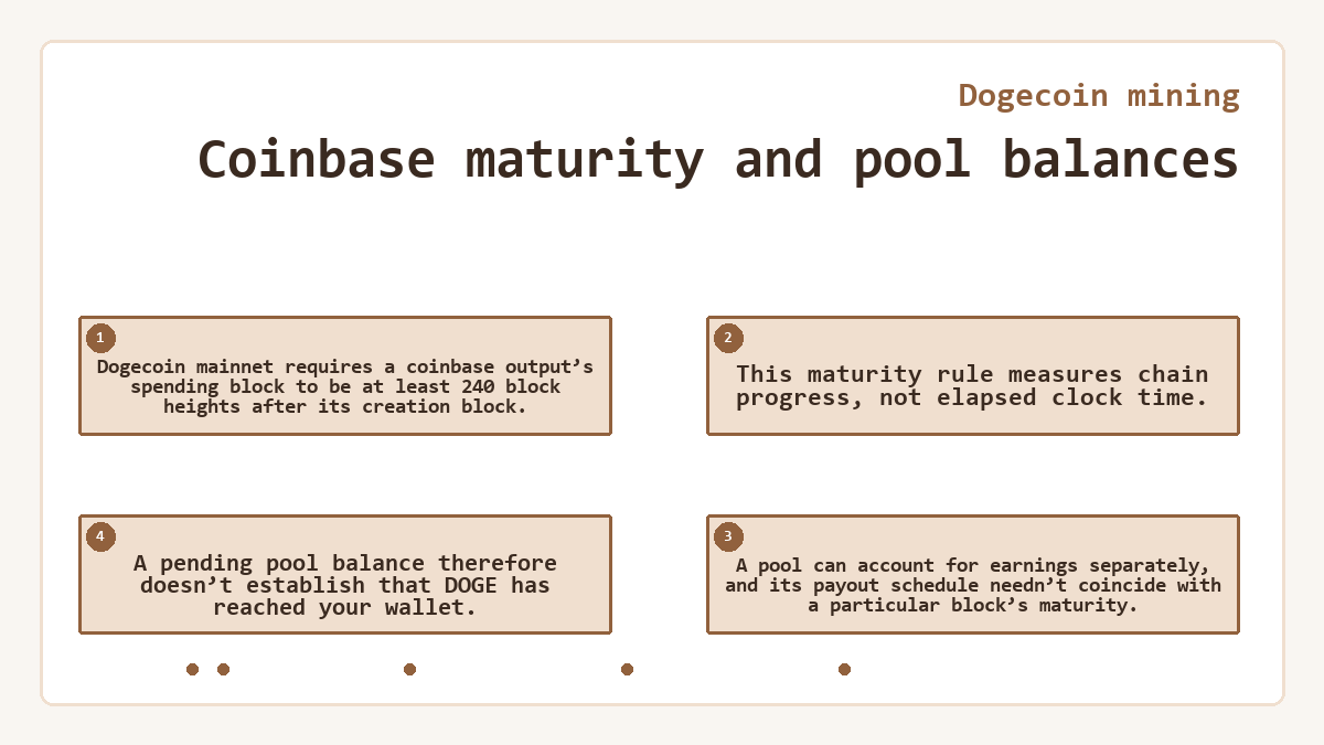 Coinbase maturity and pool balances: Dogecoin mainnet requires a coinbase output’s spending block to be at least 240 block heights after its creation block.; This maturity rule measures chain progress, not elapsed clock time.; A pool can account for earnings separately, and its payout schedule needn’t coincide with a particular block’s maturity.; A pending pool balance therefore doesn’t establish that DOGE has reached your wallet.