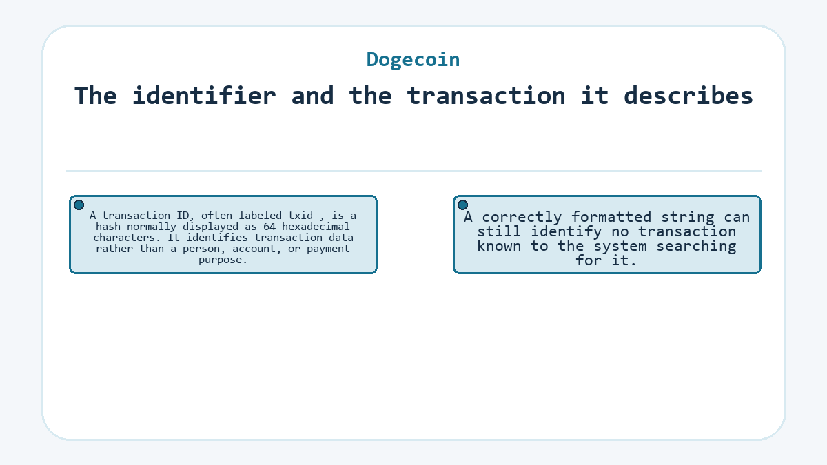 The identifier and the transaction it describes: A transaction ID, often labeled txid , is a hash normally displayed as 64 hexadecimal characters. It identifies transaction data rather than a person, account, or payment purpose.; A correctly formatted string can still identify no transaction known to the system searching for it.