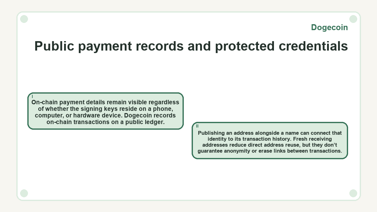 Public payment records and protected credentials: On-chain payment details remain visible regardless of whether the signing keys reside on a phone, computer, or hardware device. Dogecoin records on-chain transactions on a public ledger.; Publishing an address alongside a name can connect that identity to its transaction history. Fresh receiving addresses reduce direct address reuse, but they don’t guarantee anonymity or erase links between transactions.