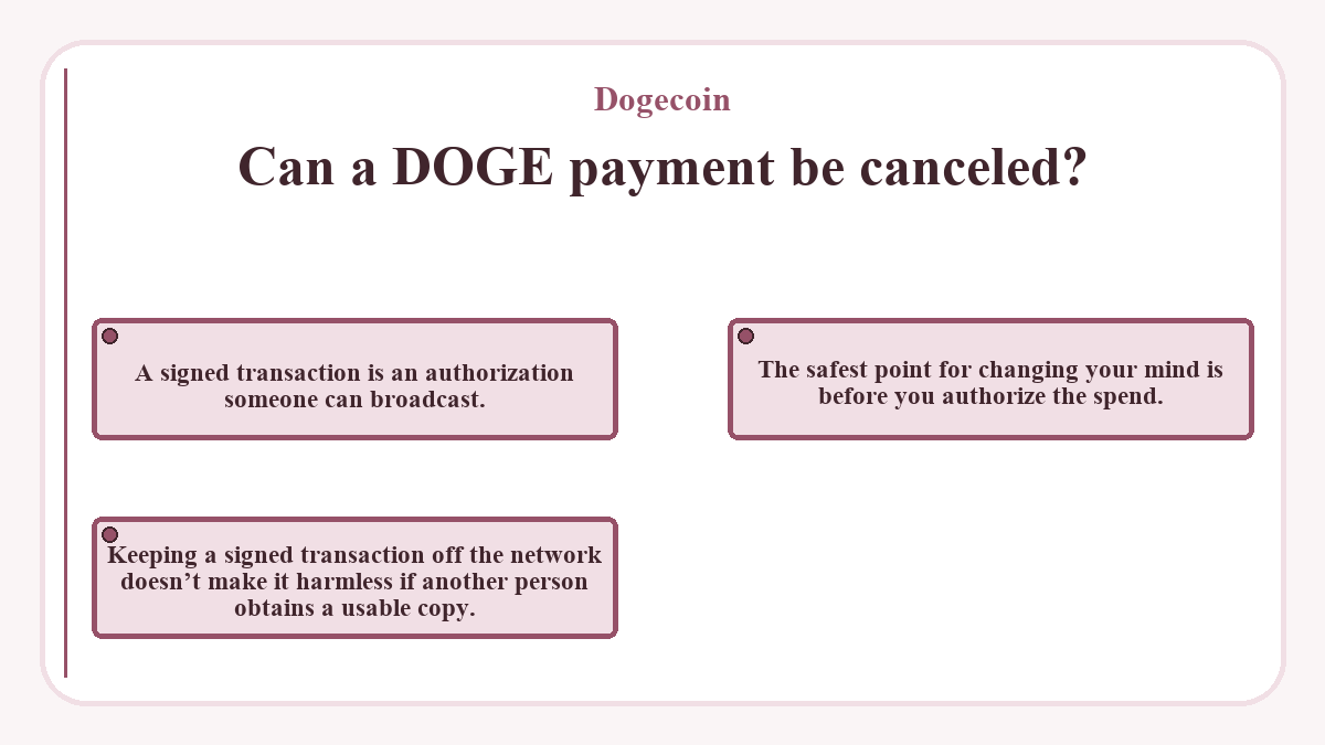 Can a DOGE payment be canceled?: A signed transaction is an authorization someone can broadcast.; Keeping a signed transaction off the network doesn’t make it harmless if another person obtains a usable copy.; The safest point for changing your mind is before you authorize the spend.